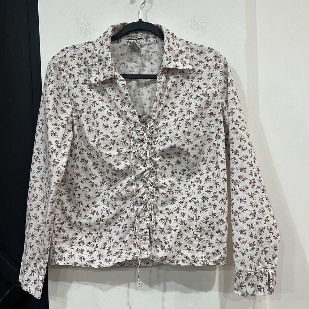 Faded Glory Floral Lace Up Y2K Top Fairy Cottage Blouse Size Medium Collared